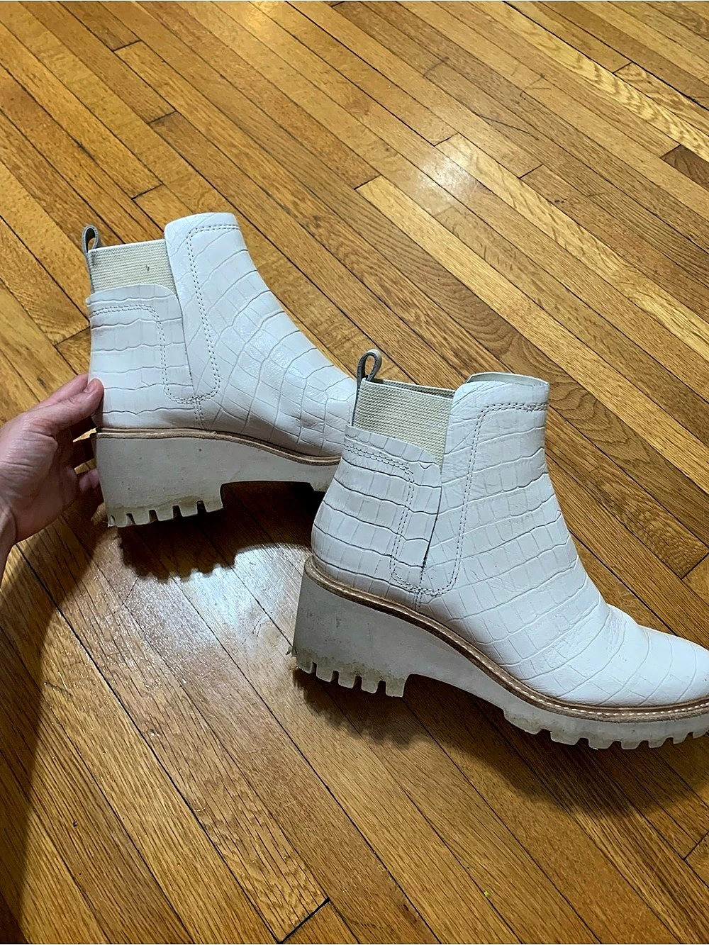 Dolce Vita White Crocodile-Embossed Wedge Booties